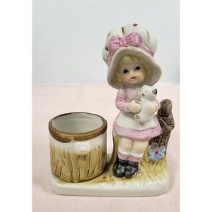 Vtg Jasco Hand Painted Porcelain Little Luvkins Candle Holder Girl With Teddy